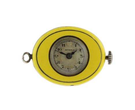 AN ANTIQUE ENAMEL POCKET WATCH of oval form, the body with yellow enamel with bands of black enamel decoration, 3.3cm.