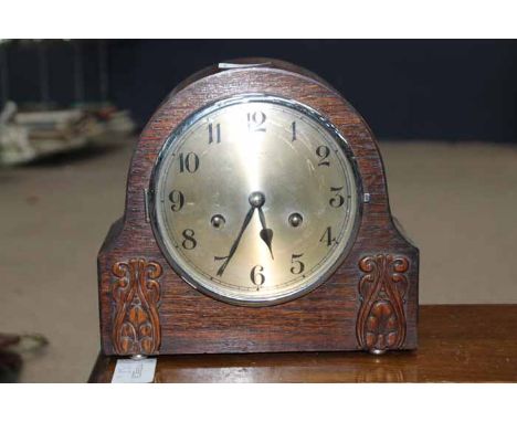 OAK CASED MANTEL CLOCK 
together with a small oak table (2) 