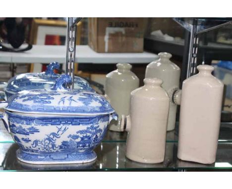 THREE VICTORIAN BLUE AND WHITE ASHETS
together with a blue and white lidded comport with ladle; together with two stoneware h