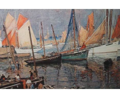 PRINT AFTER GALLO OF A PORT SCENE
contained within a burr walnut frame, under glass