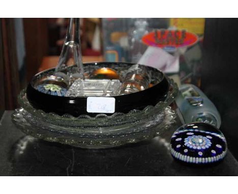 LOT OF GLASSWARE
including paperweights, coloured glass bowls, Bell's decanter, etc