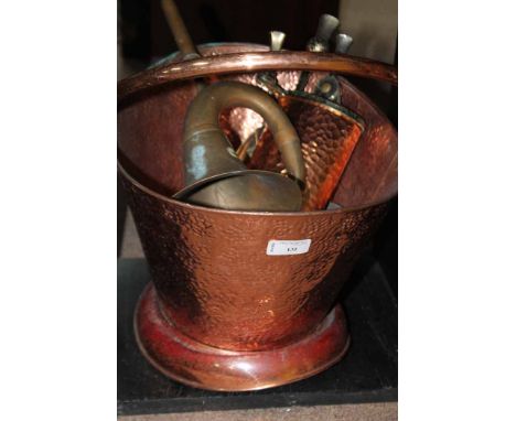 COPPER COAL BUCKET, BRASS BUGLE AND OTHER COPPER AND BRASSWARE 