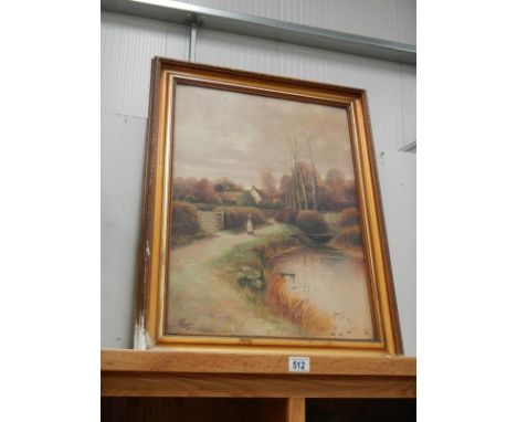 An oil painting of woman walking along country lane signed C R Page / Rags ? 1910