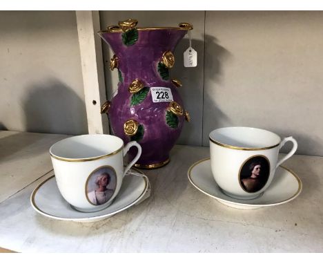 2 rare Norwegian Porsgrund cups and saucers and an art pottery purple vase with gold flower detail