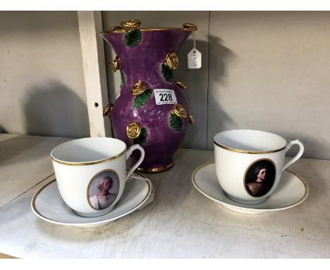 2 rare Norwegian Porsgrund cups and saucers and an art pottery purple vase with gold flower detail