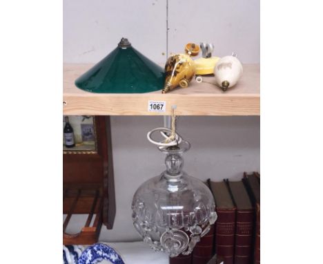 A French rise and fall ceiling light and a small glass chandelier