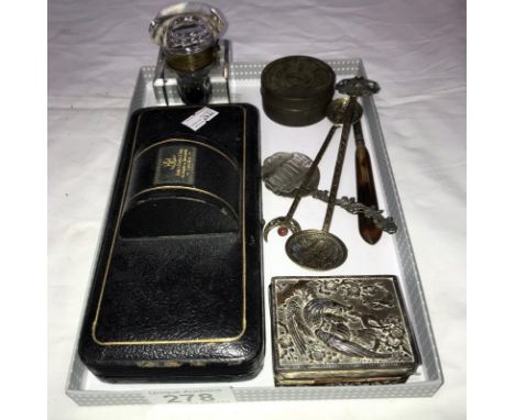 A Victorian glass inkwell, a cased metal trinket box A/F, 3 collectors spoons etc.