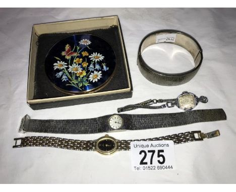 A Stratton compact silver bangle and 3 ladies watches including 1950's cocktail watch