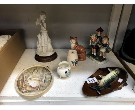 A Beswick cat, ivorex plaque, Goebel style figures, crested china etc.