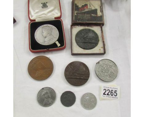 2 R M S Lusitania medallions, A 1902 Coronation medallion, a 1937 Coronation medallion etc.,