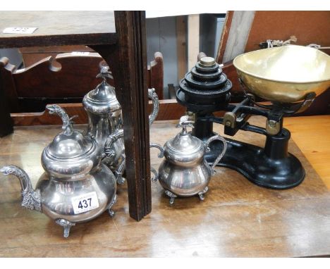 A set of Vector scales with weights and 3 piece silver plate tea set