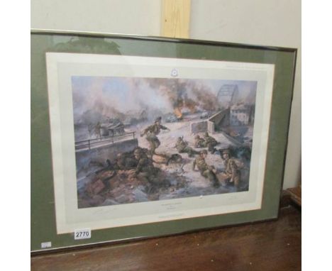 A framed and glazed print 'The Bridge At Arnhem' by Alan Fearnley, signed by Major General Frost (Lieutenant Colonel during O