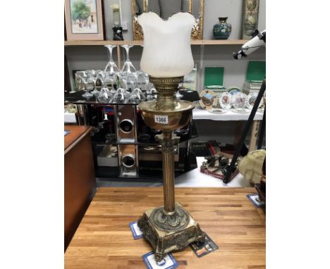 A brass table lamp with shade