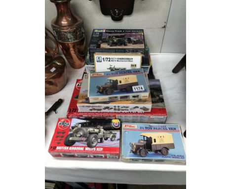 10 assorted model kits including Airfix WW2 RAF bomber re-supply set, Matchbox Boeing B-17G, Revell Morristruck, gun and jeep