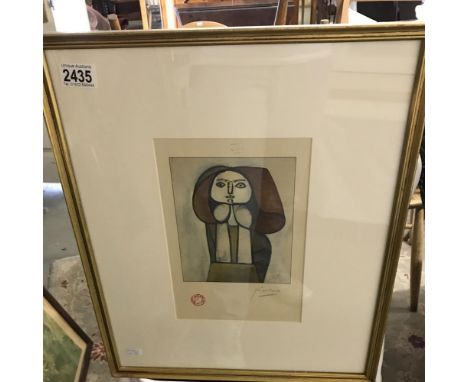 A Pablo Picasso (1881-1973) print of an abstract figure stamped and signed in colour pencil