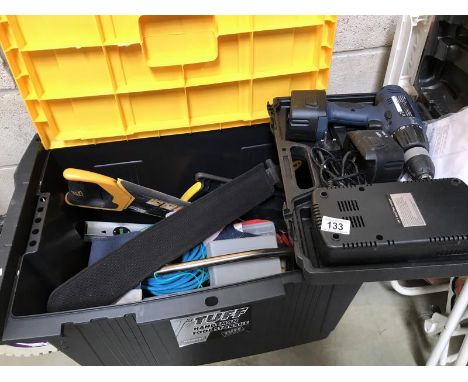 A tool box with tools and a cased Wickes drill etc.