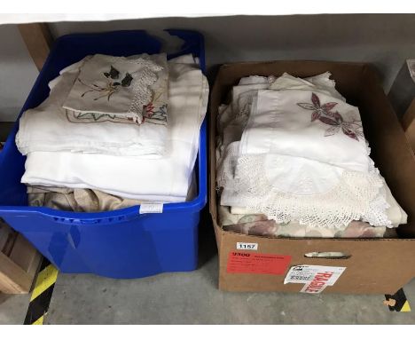 2 boxes of curtains, bedding, linen etc.