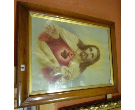 A Religious Print of The Sacred Heart in a Wide Oak Frame, 64 x 45cm, together with an oil depicting a woodland cottage in de