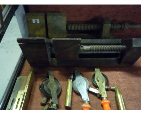 Two Vintage Bench Vices, Three Rabone Chesterman Height Measuring Tapes & Three Vintage Levels.