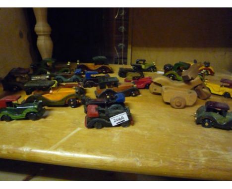 Approximately 19 Small Vintage Wooden Cars and a Motorbike with Side Car.