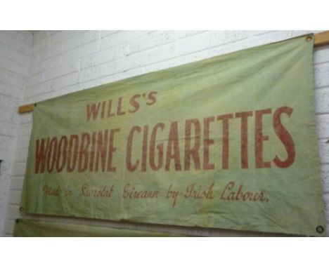 A Large Vintage Will's Woodbine Cigarettes Canvas Advertising Banner. The bottom line reading 'Made in Saorstat Eireann by Ir