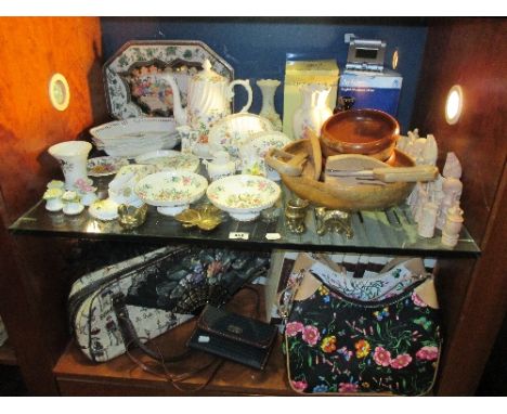Two Shelves of Aynsley & Other Ceramics, along with reference books, handbags to include a Belgian tapestry example and a car