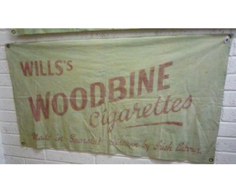 A Vintage Will's Woodbine Cigarettes Canvas Advertising Banner. The bottom line reading 'Made in Saorstat Eireann by Irish La