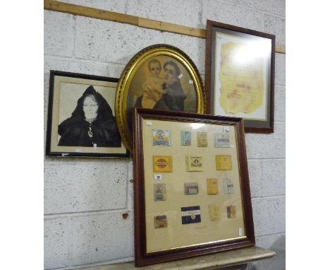 A Framed Montage of Six Old Cigarette Boxes, together with a framed religious print, and two others (4).