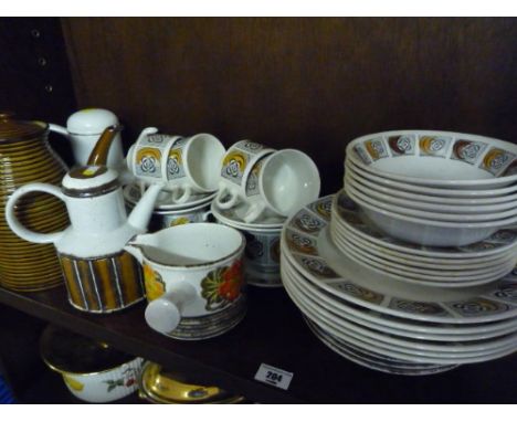 A Shelf of Retro Midwinter Tea Wares, Three Coffee Pots, etc.