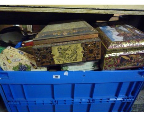 A Large Blue Crate of Vintage Advertising Tins (crate not included).