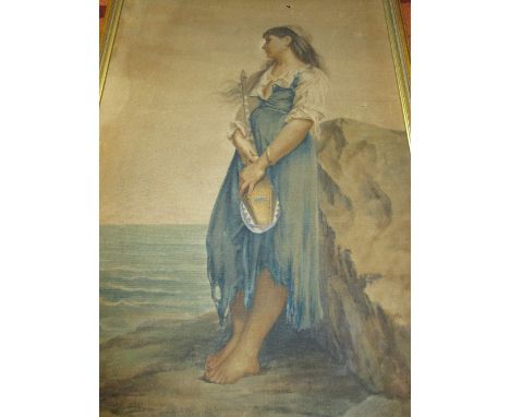 A Large Print on Fabric Girl with Lute Looking out to Sea 120 x 74cm. Lefevre mark l.r.