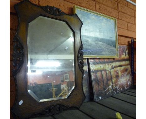An Oak Wall Mirror with pierced and shaped surround with beaded outline, together with an oil on canvas by Brook inscribed ve