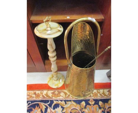 An Onyx Companion Stand/Ashtray, Mesh & Brass Firescreen and Embossed Brass Coal Hod.