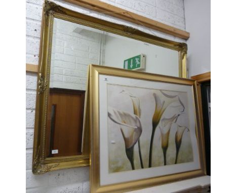 A Large Gilt Framed Bevelled Wall Mirror and a Large Gilt Framed Print of Lillies. 