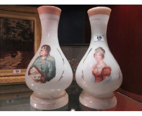 A Pair of 19th Century Opaque Glass Oil Lamp Shades with portraits of Napoleon and Josephine.