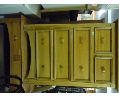 A Pine Chest of Five Drawers and Two Side Cabinets, with under shelf and five drawers.