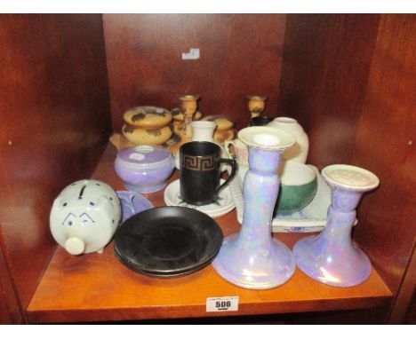A Shelf of Ceramics including part trinket sets & two Spode vases.
