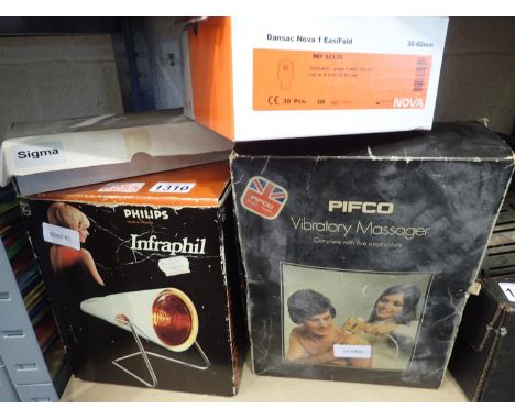 Boxed blood pressure gauge, TENS machine and a Philips Infraphil heat lamp. Not available for in-house P&amp;P, contact Paul 