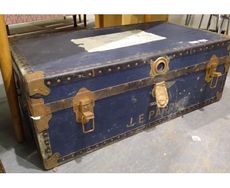 Metal and leather bound cabin trunk. Not available for in-house P&amp;P, contact Paul O'Hea at Mailboxes on 01925 659133 