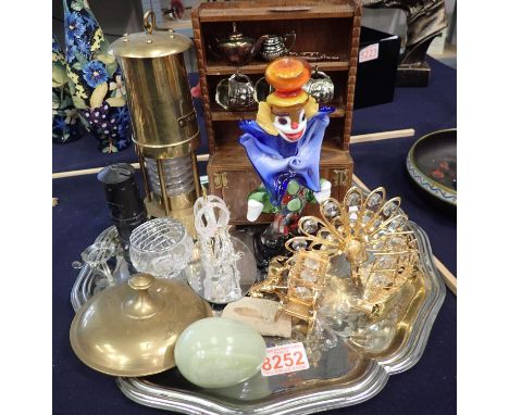 Mixed collectables including a brass Miners lamp and a  glass clown. Not available for in-house P&amp;P, contact Paul O'Hea a