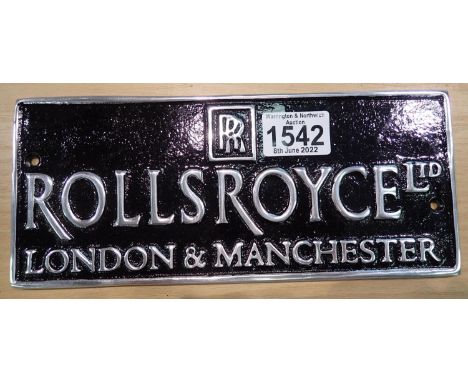 Aluminium Rolls Royce plaque, 25 x 11 cm. P&amp;P Group 2 (£18+VAT for the first lot and £3+VAT for subsequent lots) 