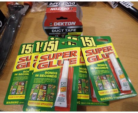 Six tubes of 151 superglue and a roll of duct tape. P&amp;P Group 1 (£14+VAT for the first lot and £1+VAT for subsequent lots