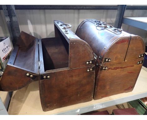 Two large briefcase style wooden boxes probably wine bottle containers, L: 33 x 40 x 25 cm. Not available for in-house P&amp;