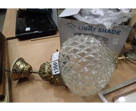 Ceiling light with glass shade and brass fittings, drop 43 cm. Not available for in-house P&amp;P, contact Paul O'Hea at Mail