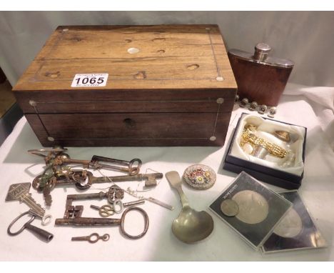 Wooden box with mother of pearl inlay with mixed contents including a hip flask jewellery, silver caddy spoon, coins and keys