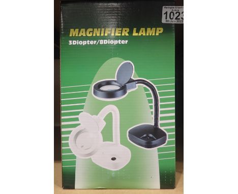 New boxed three dioptre and eight dioptre magnifier lamp. Not available for in-house P&amp;P, contact Paul O'Hea at Mailboxes