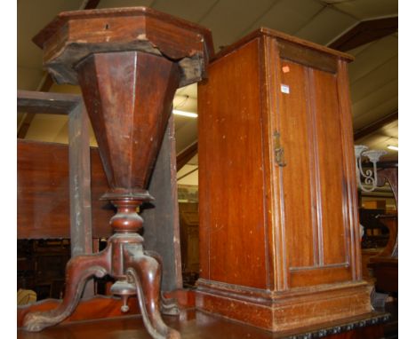 An Edwardian walnut single door bedside cupboard, together with a Victorian figured walnut octagonal hinge top sewing table (