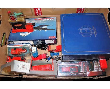 A box containing a quantity of mixed diecast vehicles and steam engines to include a  Mamod single cylinder stationary steam 