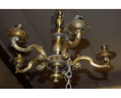 A Dutch style lacquered brass hanging five-branch candle ceiling light 
