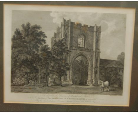 Six various topographical colour engravings of Bury St Edmunds landmarks, and one other monochrome example of The Abbey Gate,